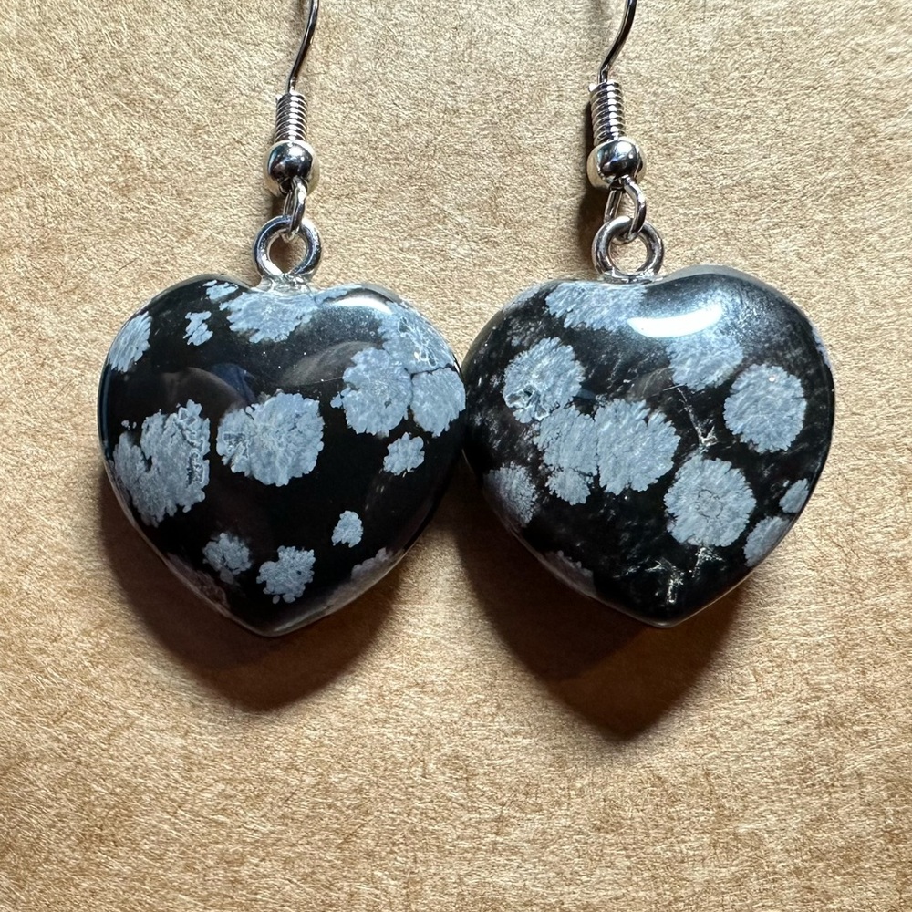 Snowflake Obsidian Heart Earrings. Beautiful hearts stainless steel fish hooks.